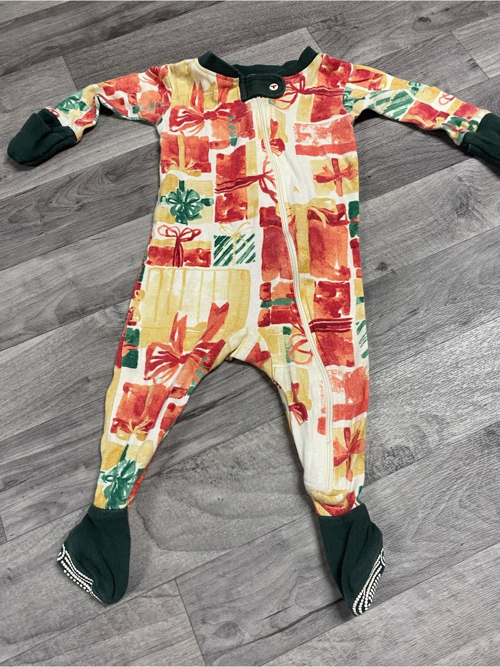 Baby Holiday Gift-Print Footed One-Piece - Green Trim